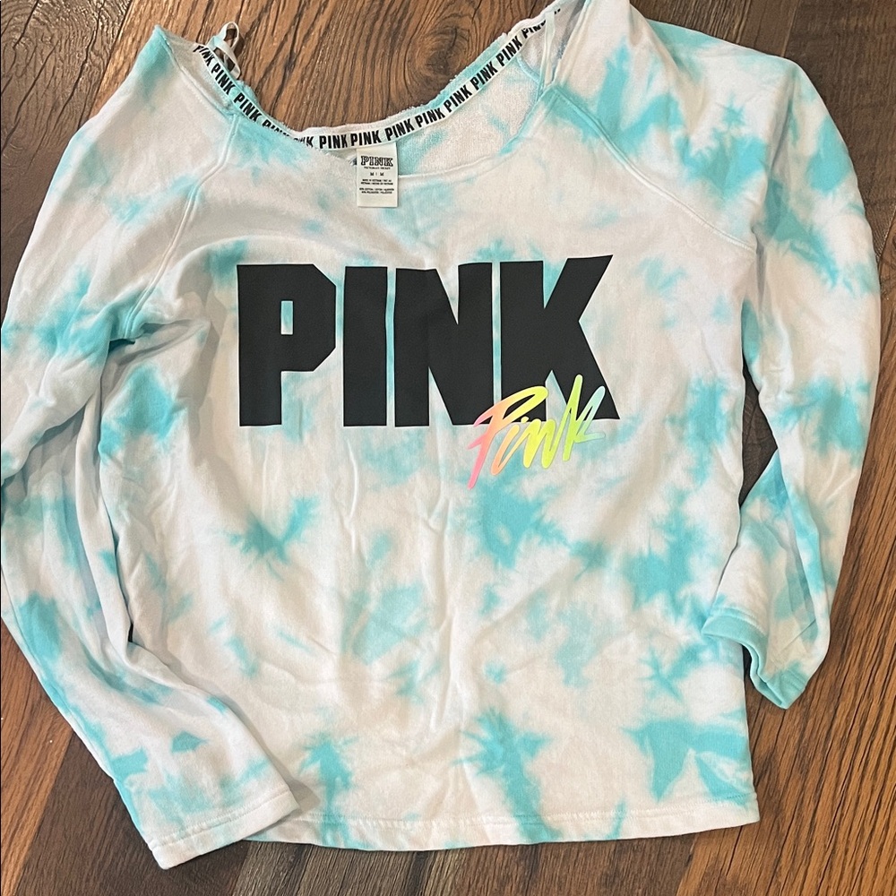 PINK Victoria's Secret Kids Tie-Dye Sweatshirt in White & Aqua